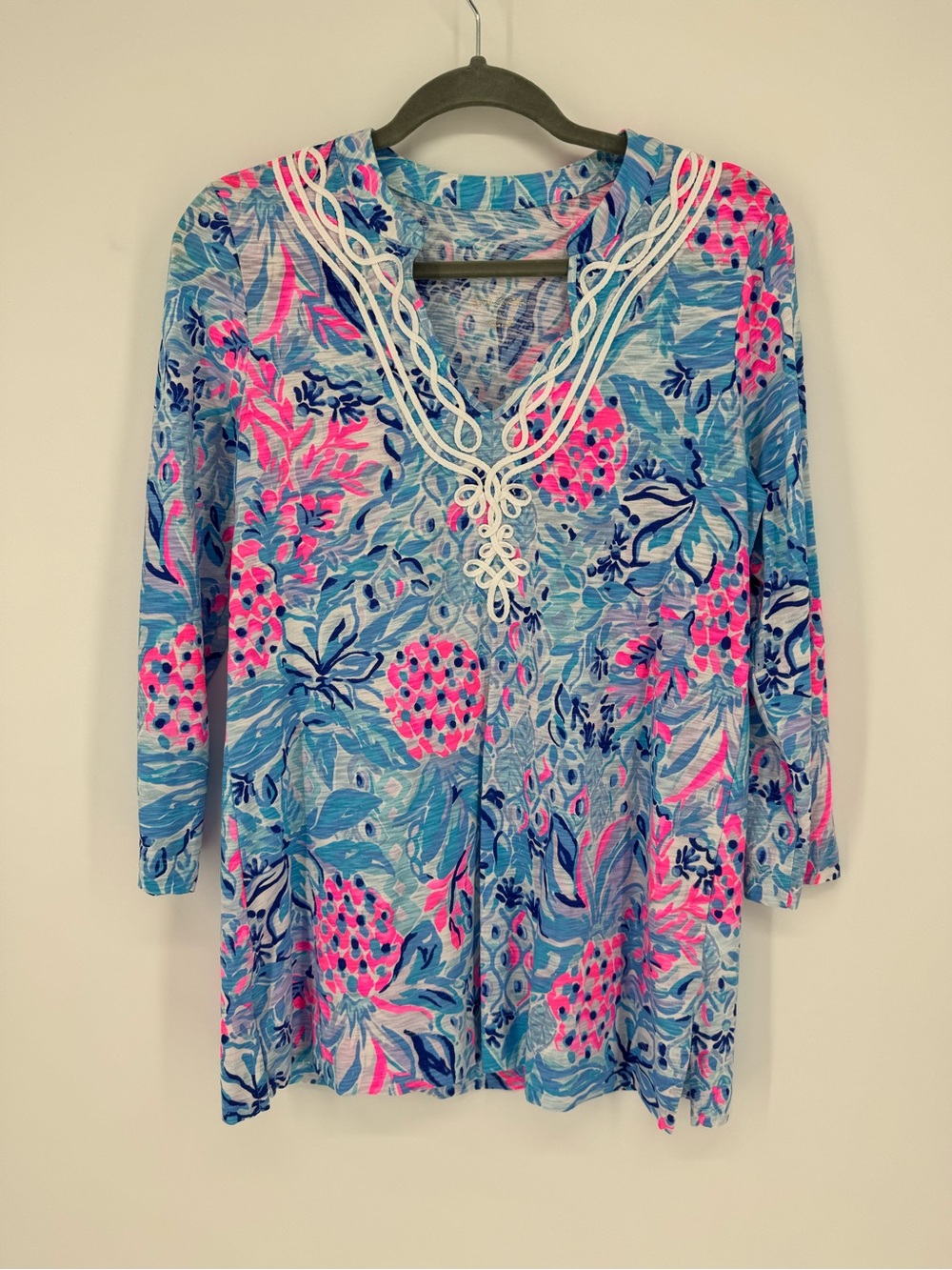 Lilly Pulitzer Blue and Pink Floral V-Neck Tunic with White Trim